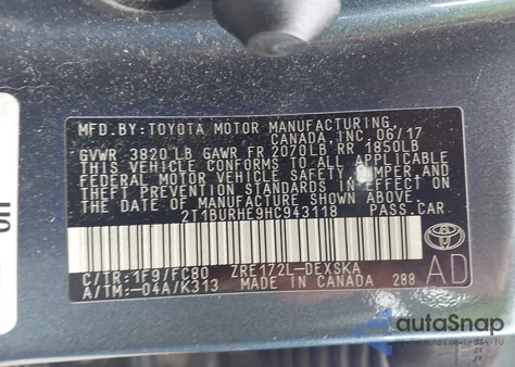 2017 Toyota Corolla Se from USA, damaged, VIN 2T1BURHE9HC943118